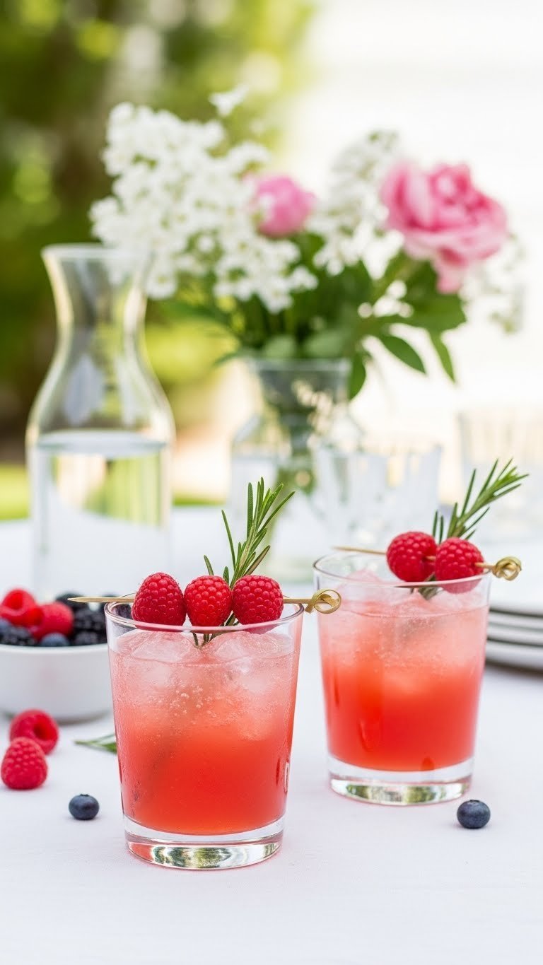 Elegant Sparkling Rosé Spritzers in wine glasses with raspberries and rosemary garnish on white tablecloth in bright daylight.