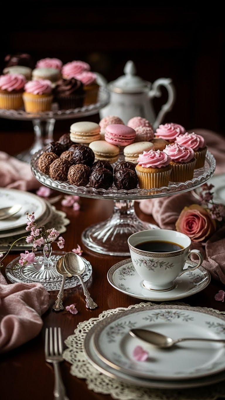 Elegant Valentine's Day coffee bar with chocolate truffles, macarons, and mini cupcakes paired with coffee on dark wood table