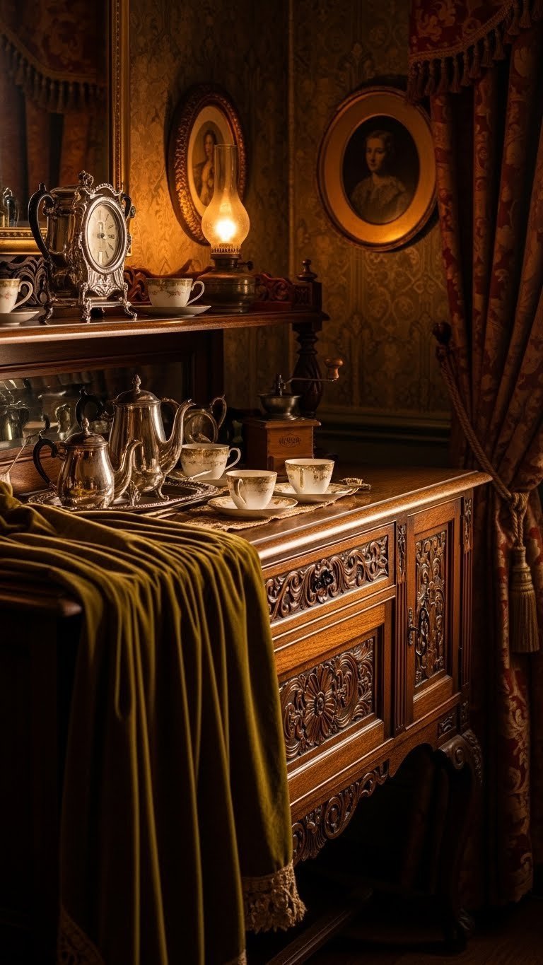 Elegant Victorian coffee bar with ornate dark wood buffet and silver tea set in opulent room