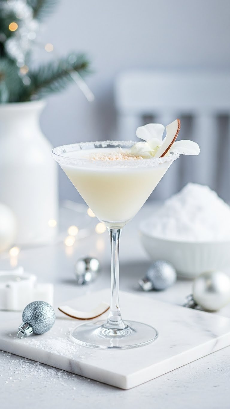 Elegant White Christmas mocktail in chilled martini glass with sugared rim and delicate coconut garnish on white marble
