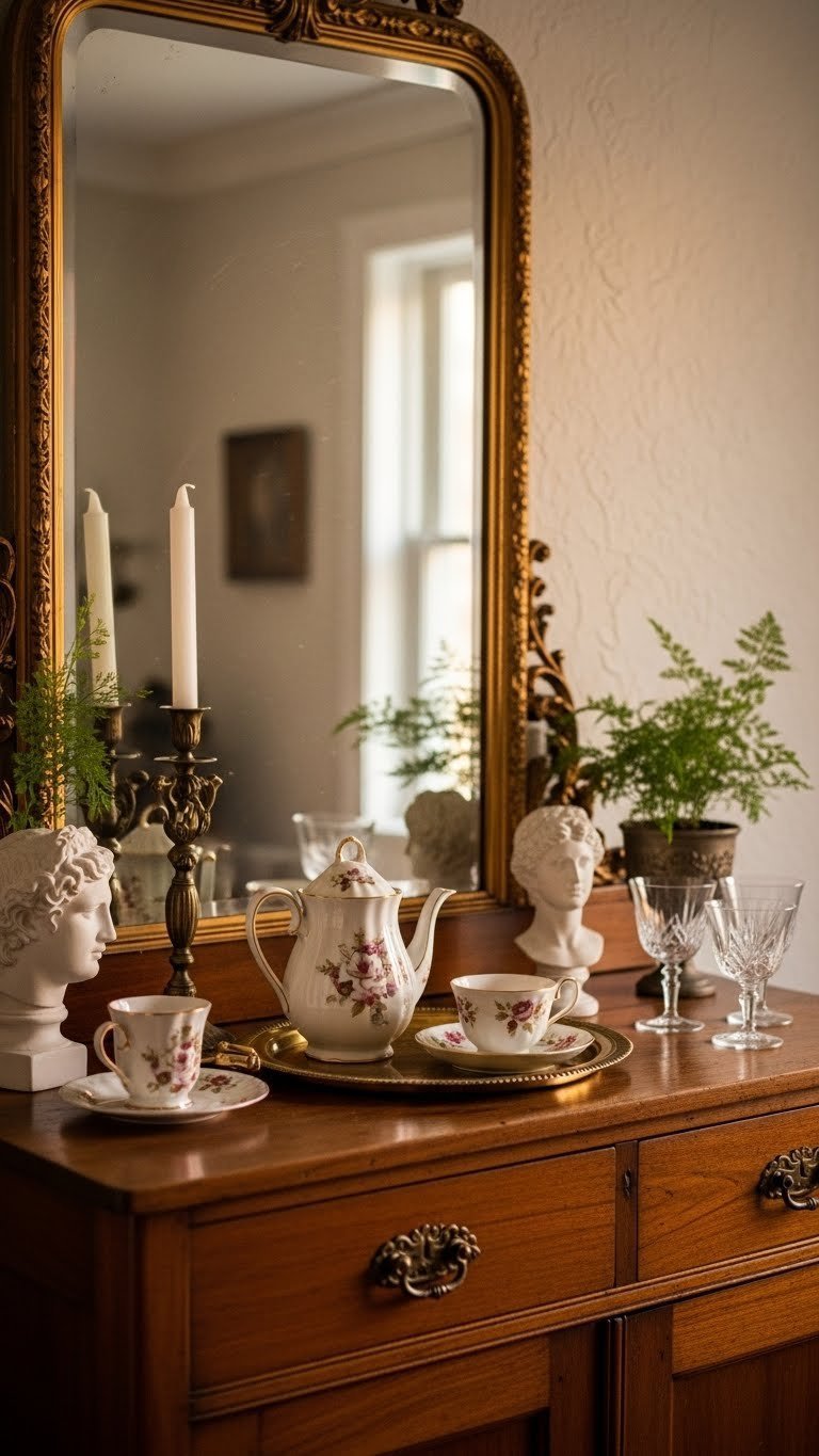 Elegant antique coffee bar with restored wooden buffet, porcelain tea set, and ornate gilded mirror reflecting warm golden light