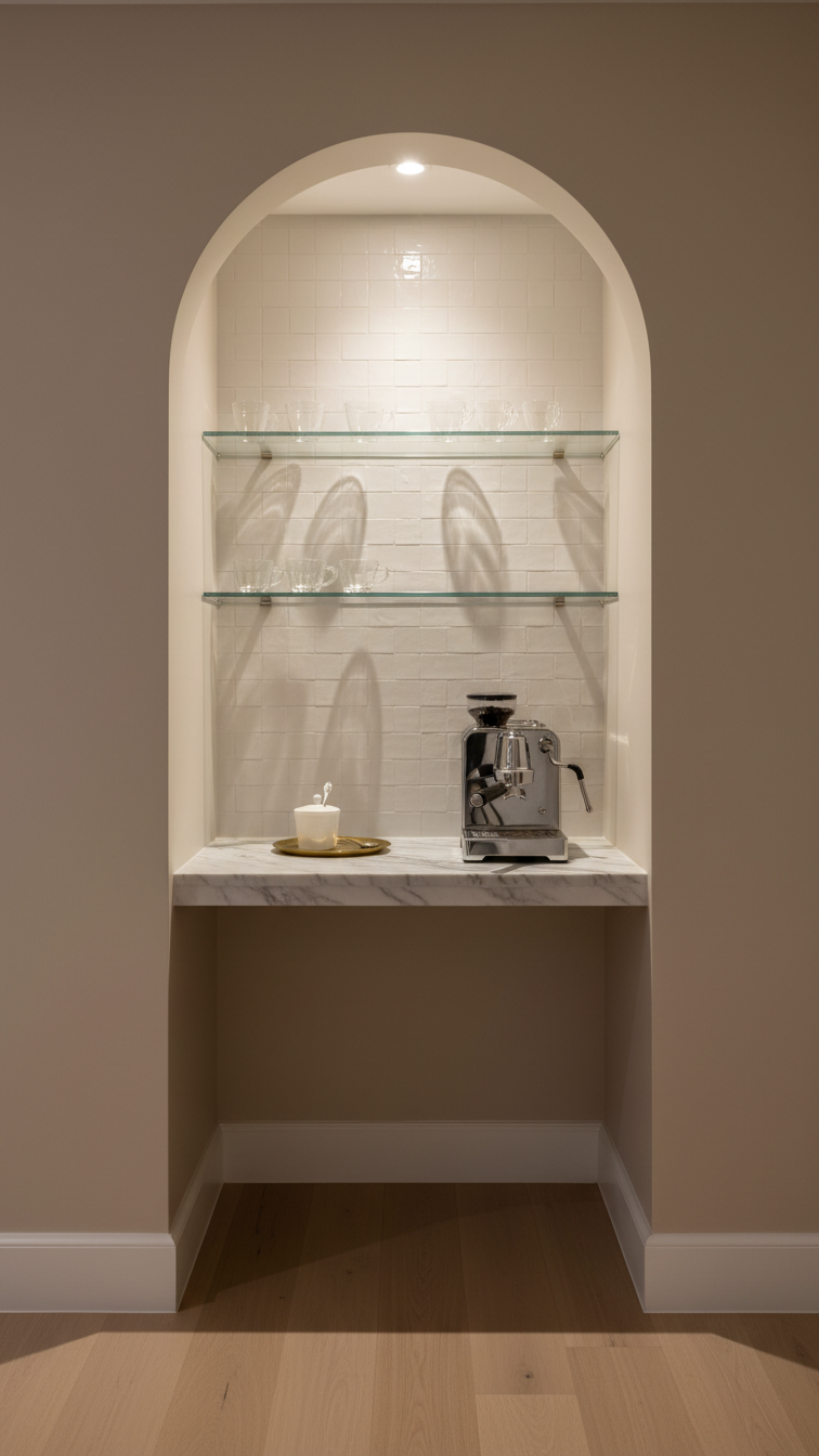 Elegant archway coffee nook with marble countertop, chrome espresso machine, and glossy white zellige tile backsplash