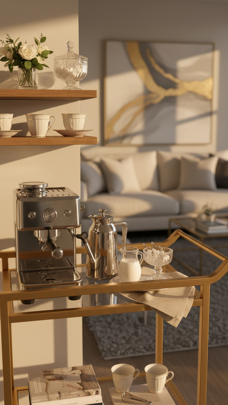 Elegant bar cart coffee bar with gold accents, floating shelves, and sophisticated entertaining setup
