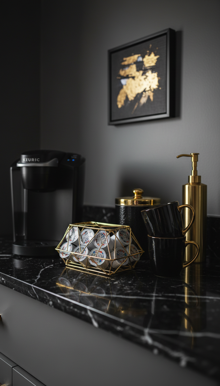 Elegant black and gold coffee station with Keurig machine and gold pod holder on black marble countertop