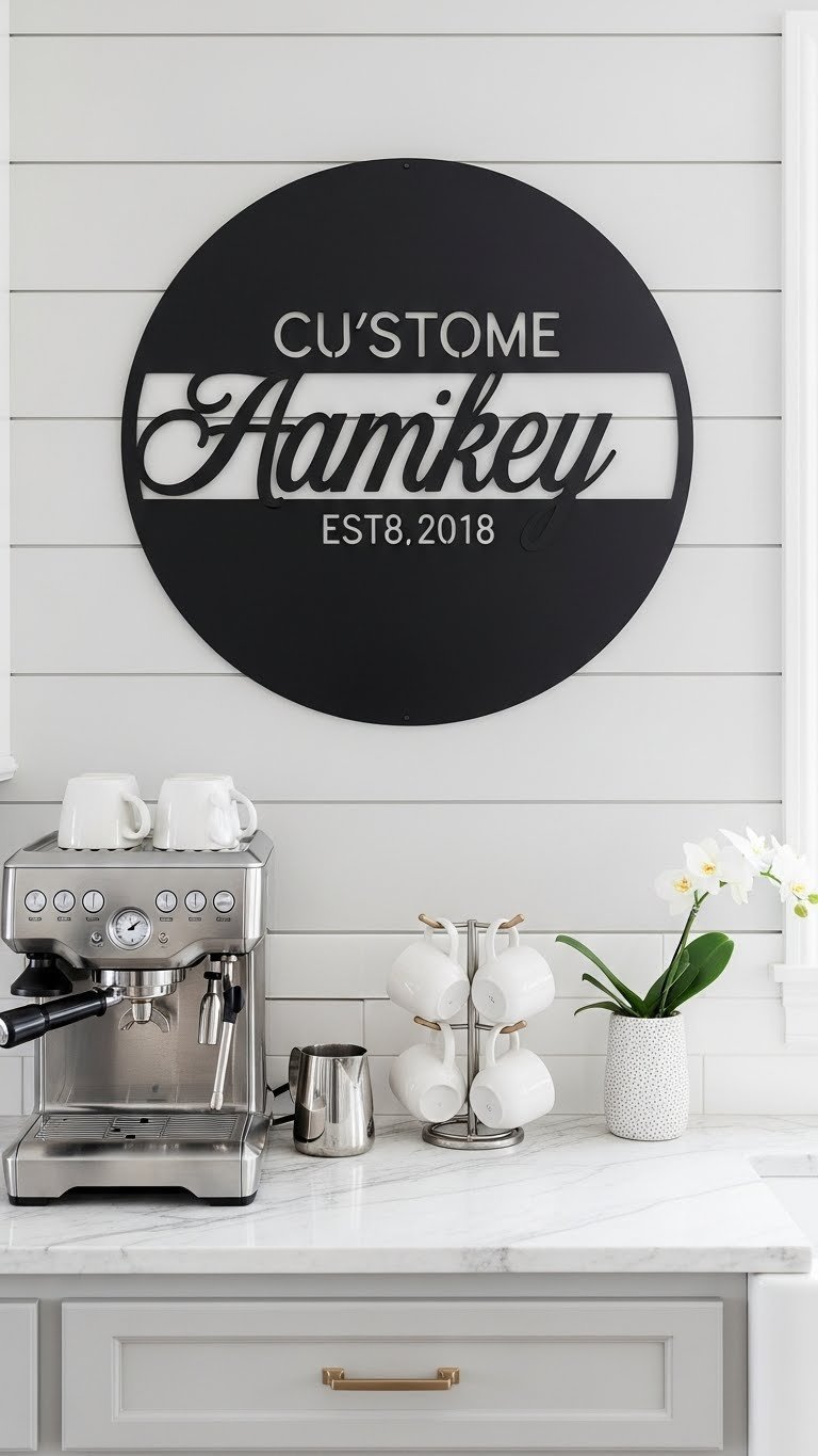 Elegant black round metal family sign on gray shiplap wall above marble countertop with chrome espresso machine