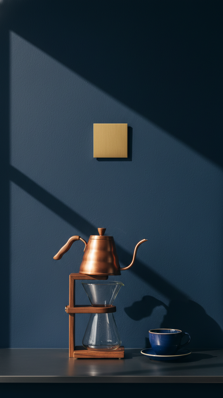 Elegant brushed brass metal sign with 'May Your Coffee Be Strong' etching mounted on navy blue wall above pour-over setup.