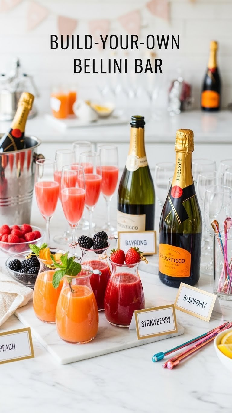 Elegant build-your-own bellini bar setup with fruit purées and champagne flutes on marble counter