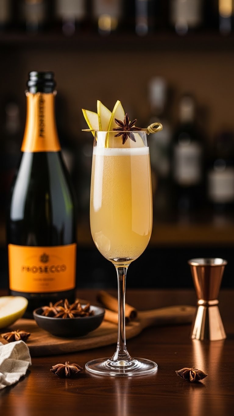 Elegant champagne flute filled with pale golden spiced pear bellini garnished with fanned pear slice and star anise on dark wood bar top.