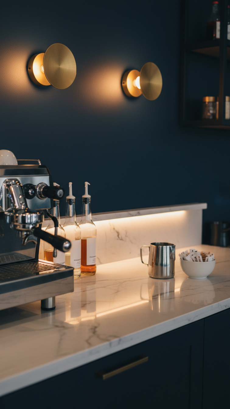 Elegant coffee bar at dusk with under-cabinet LED lighting illuminating marble countertop, chrome espresso machine, and glass syrup bottles