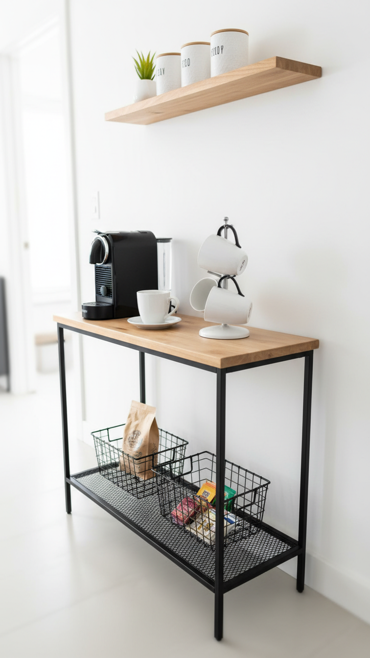 Elegant coffee bar on black metal-frame console table with single-serve machine, mug tree, and floating shelf storage