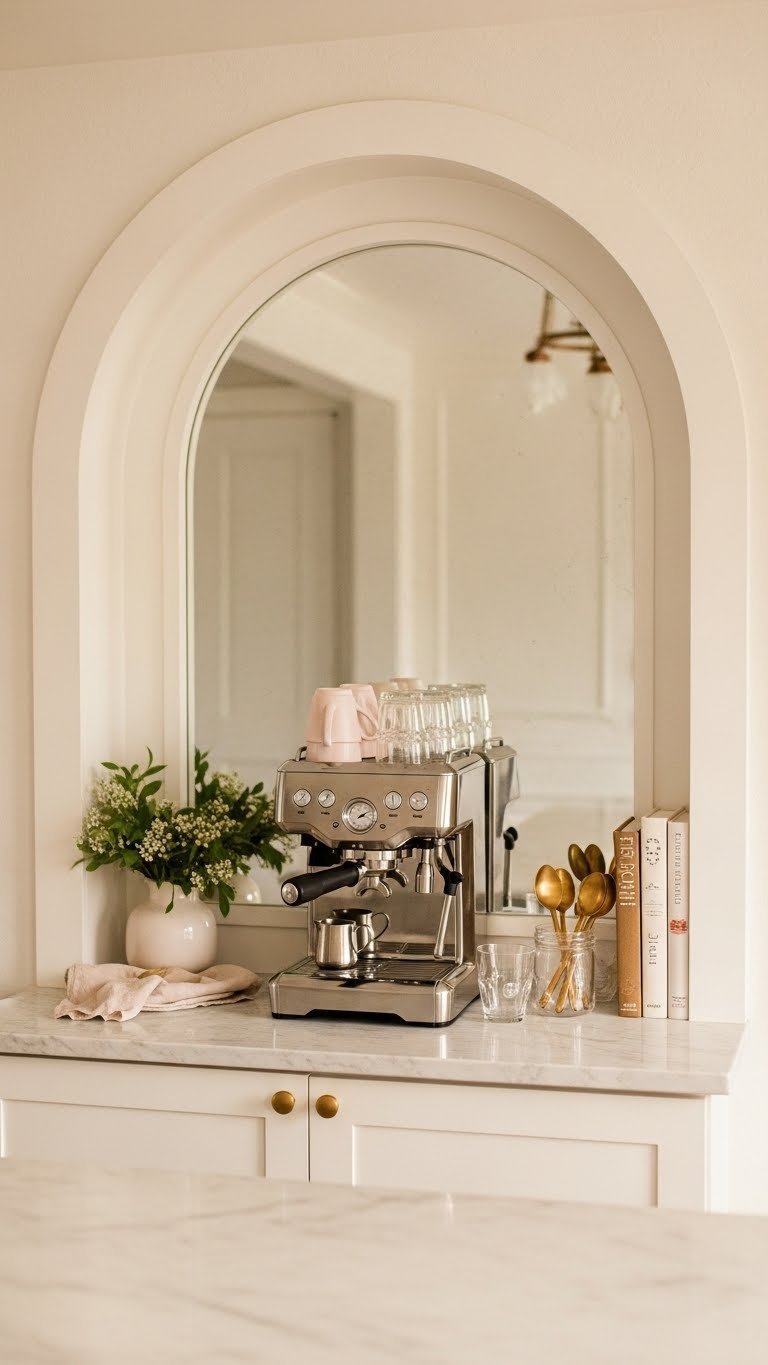 Elegant coffee bar with arched architectural elements, polished marble top, high-end espresso machine, and delicate glassware in soft lighting.