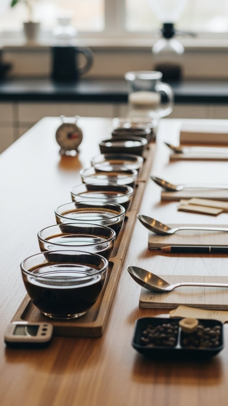 Elegant coffee cupping session with glass bowls, professional spoon and aroma kit on light wood tasting table