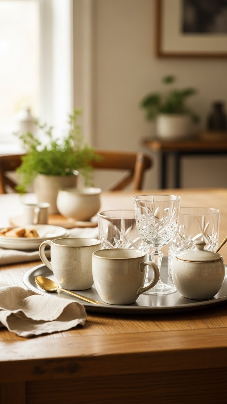 Elegant collection of ceramic coffee mugs and crystal glassware arranged on rustic wooden serving tray
