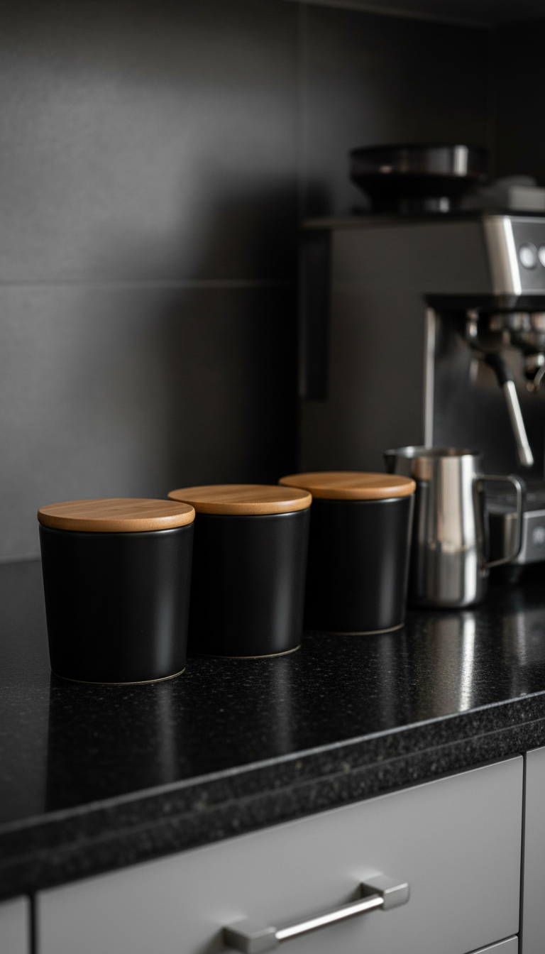Elegant counter coffee bar with matte black ceramic canisters and chrome espresso machine on dark granite