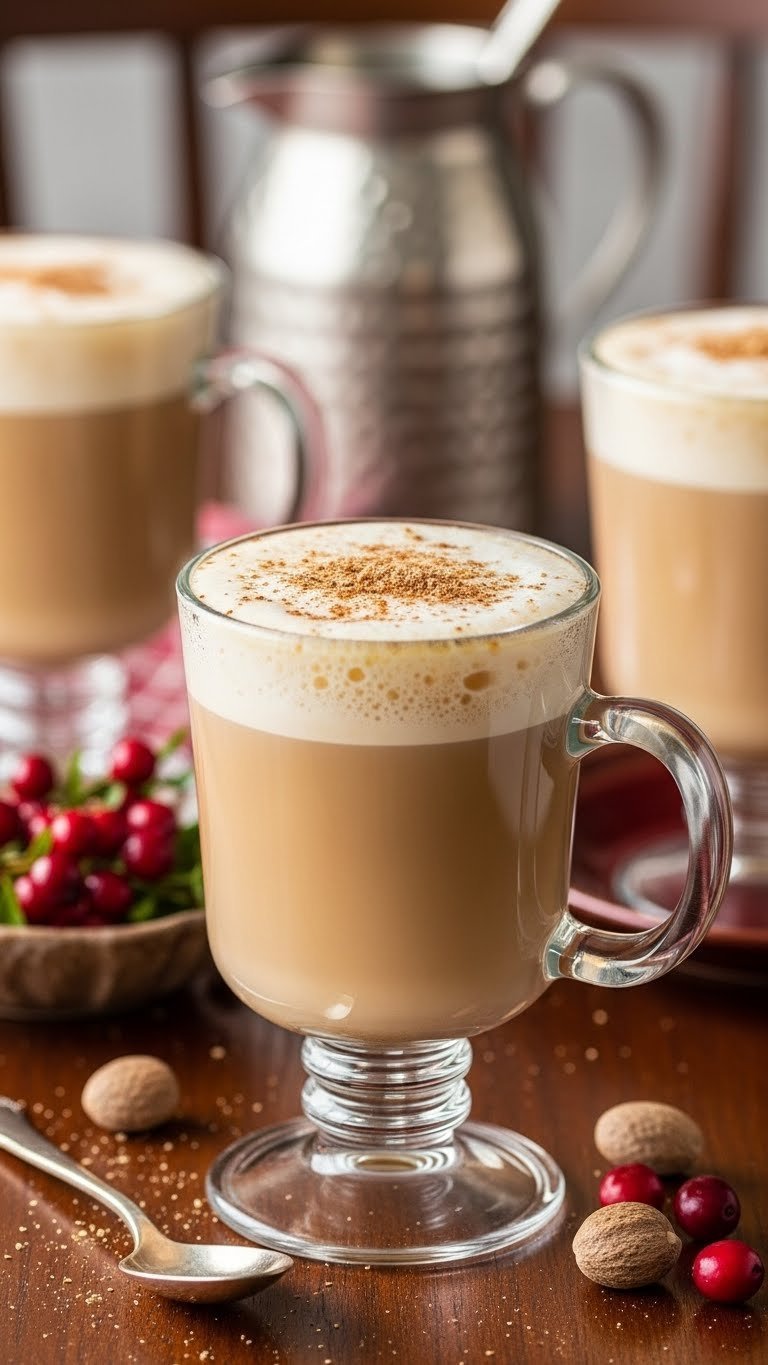 Elegant eggnog coffee in stemmed glass with frothed topping and freshly grated nutmeg on dark wood surface