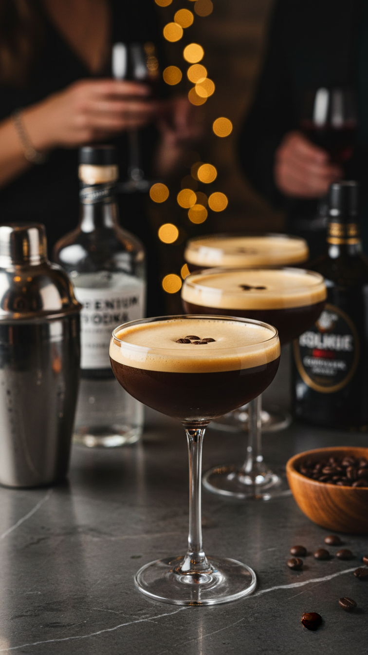Elegant espresso martini bar with coupe glasses garnished with coffee beans on dark marble counter