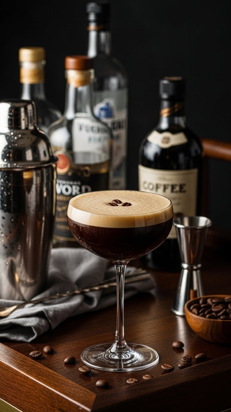 Elegant espresso martini cocktail in coupe glass with crema layer and coffee bean garnish on dark wood