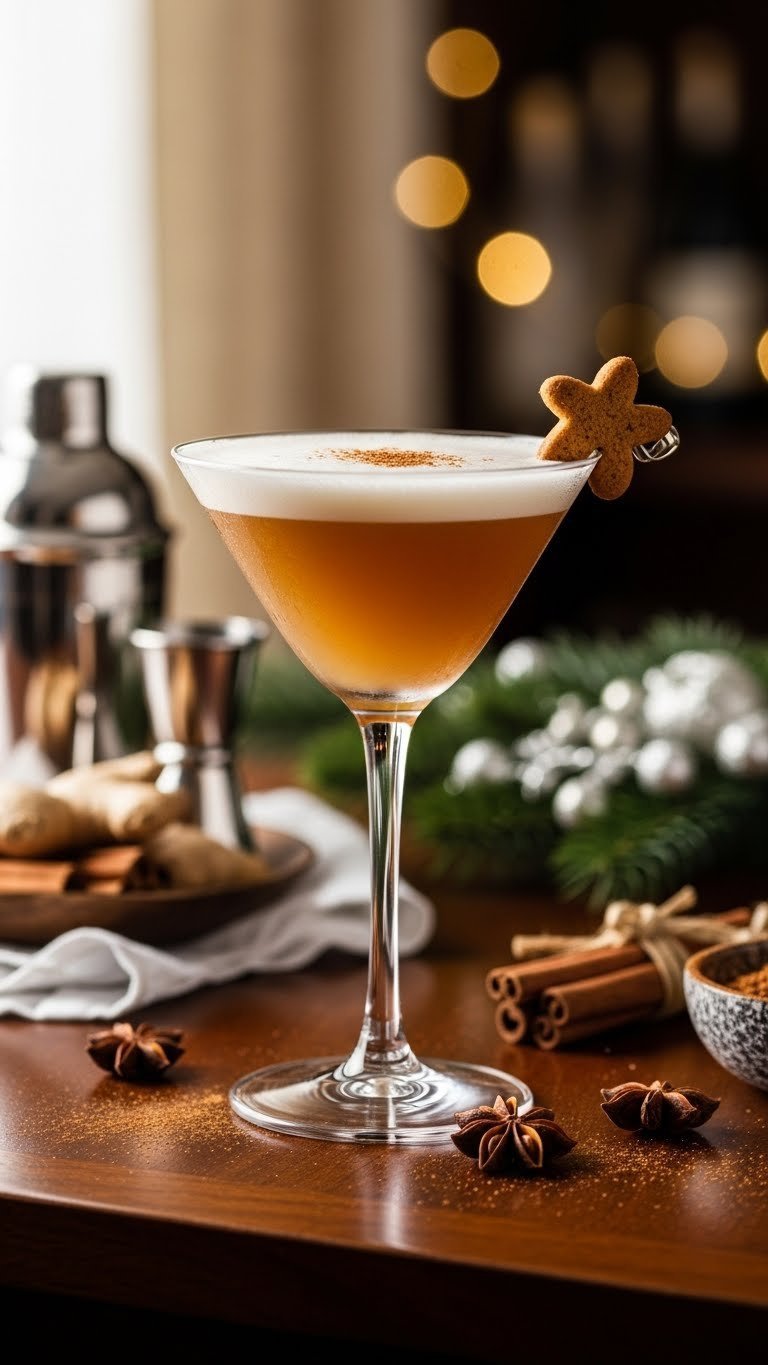 Elegant gingerbread martini in chilled glass with mini cookie garnish and cinnamon dusting on dark wood