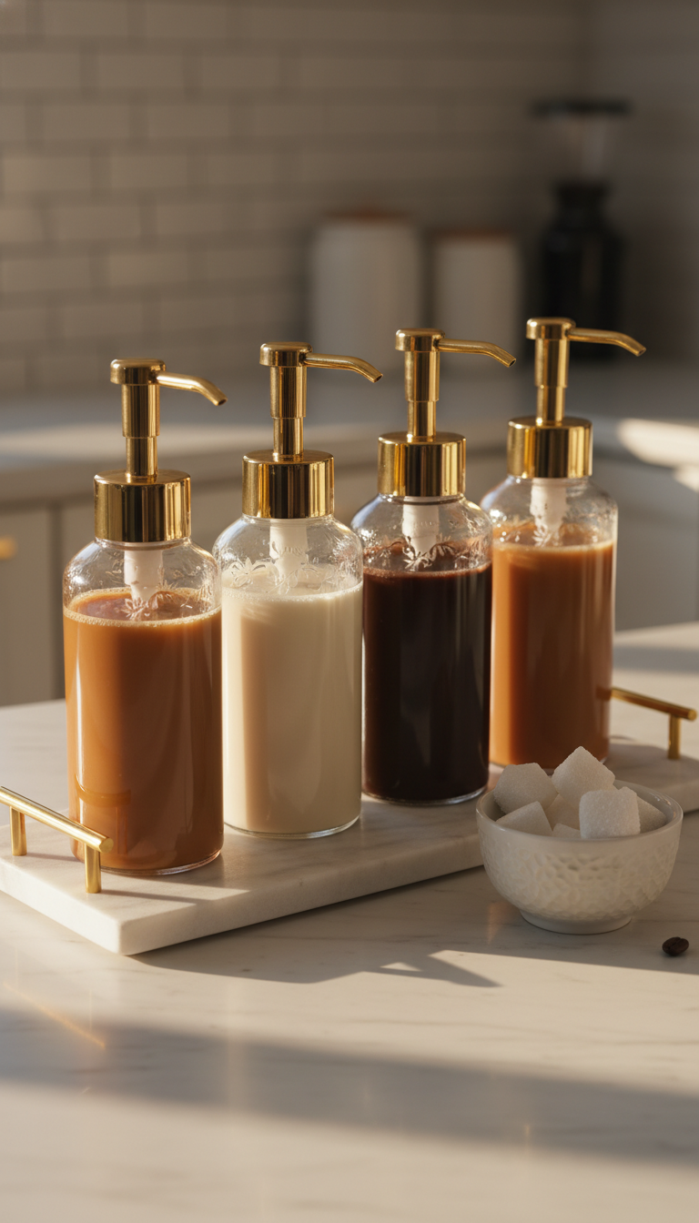 Elegant glass syrup dispensers with gold pumps arranged on marble tray with sugar cubes