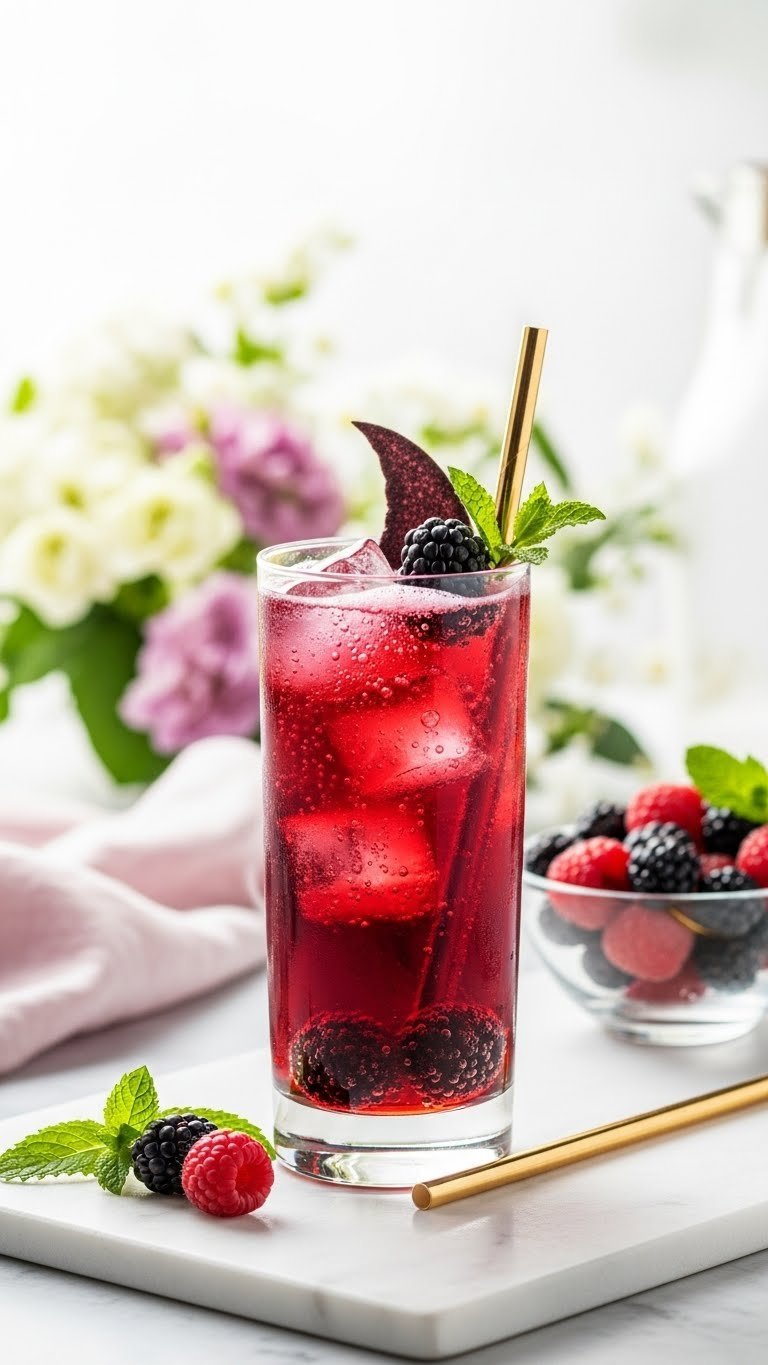 Elegant glass with sparkling deep berry drink featuring shark fin garnish and rising bubbles on light marble surface