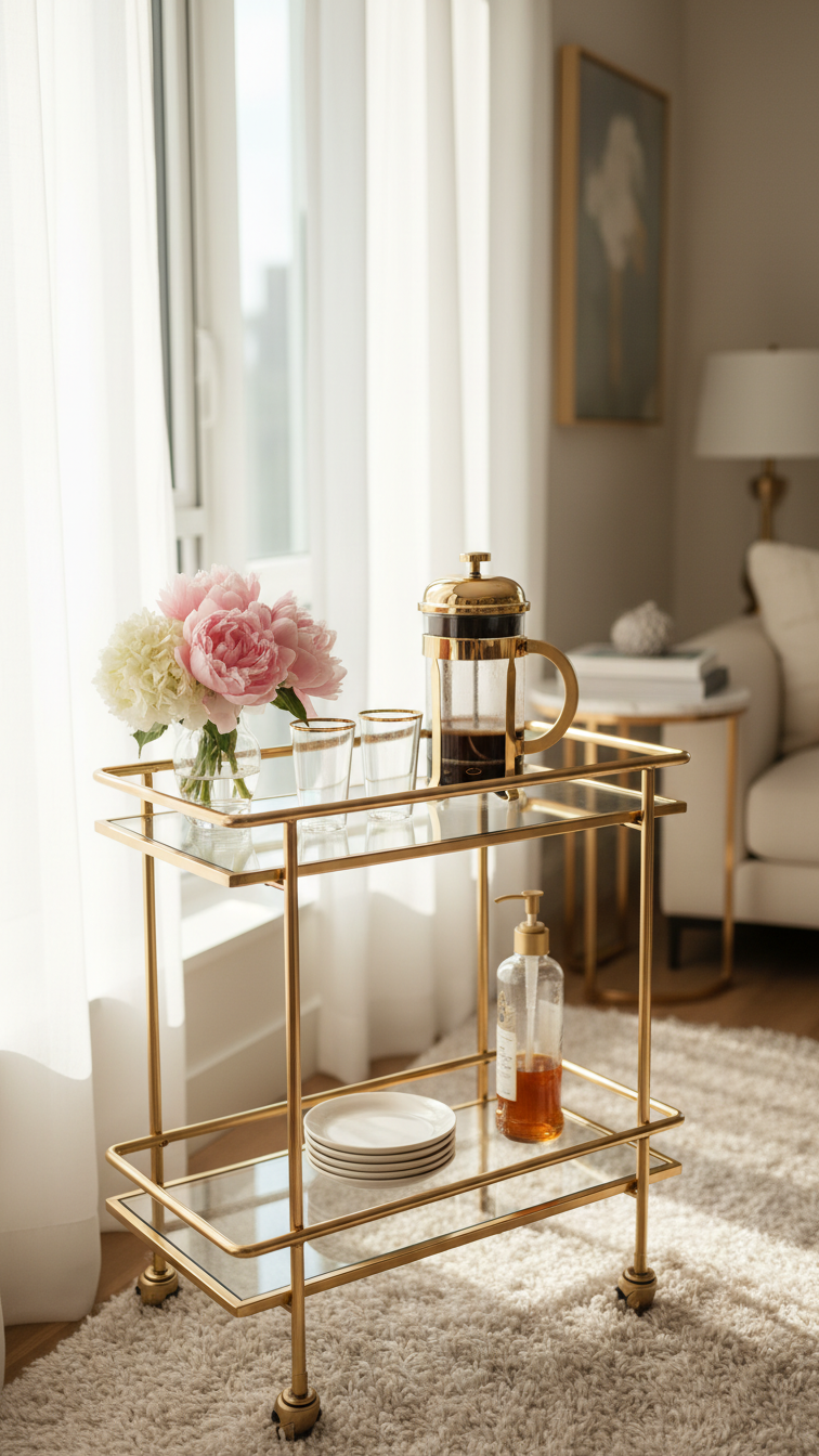 Elegant gold and glass bar cart coffee station with French press and floral arrangement in sunlit breakfast nook