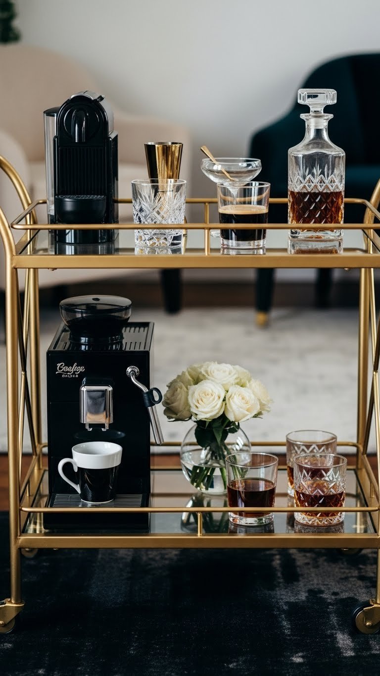 Elegant gold bar cart featuring coffee machine and crystal decanter for versatile beverage station