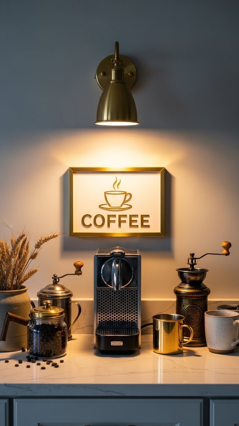 Elegant gold coffee bar with pendant lighting illuminating gold espresso machine and coffee accessories on quartz countertop