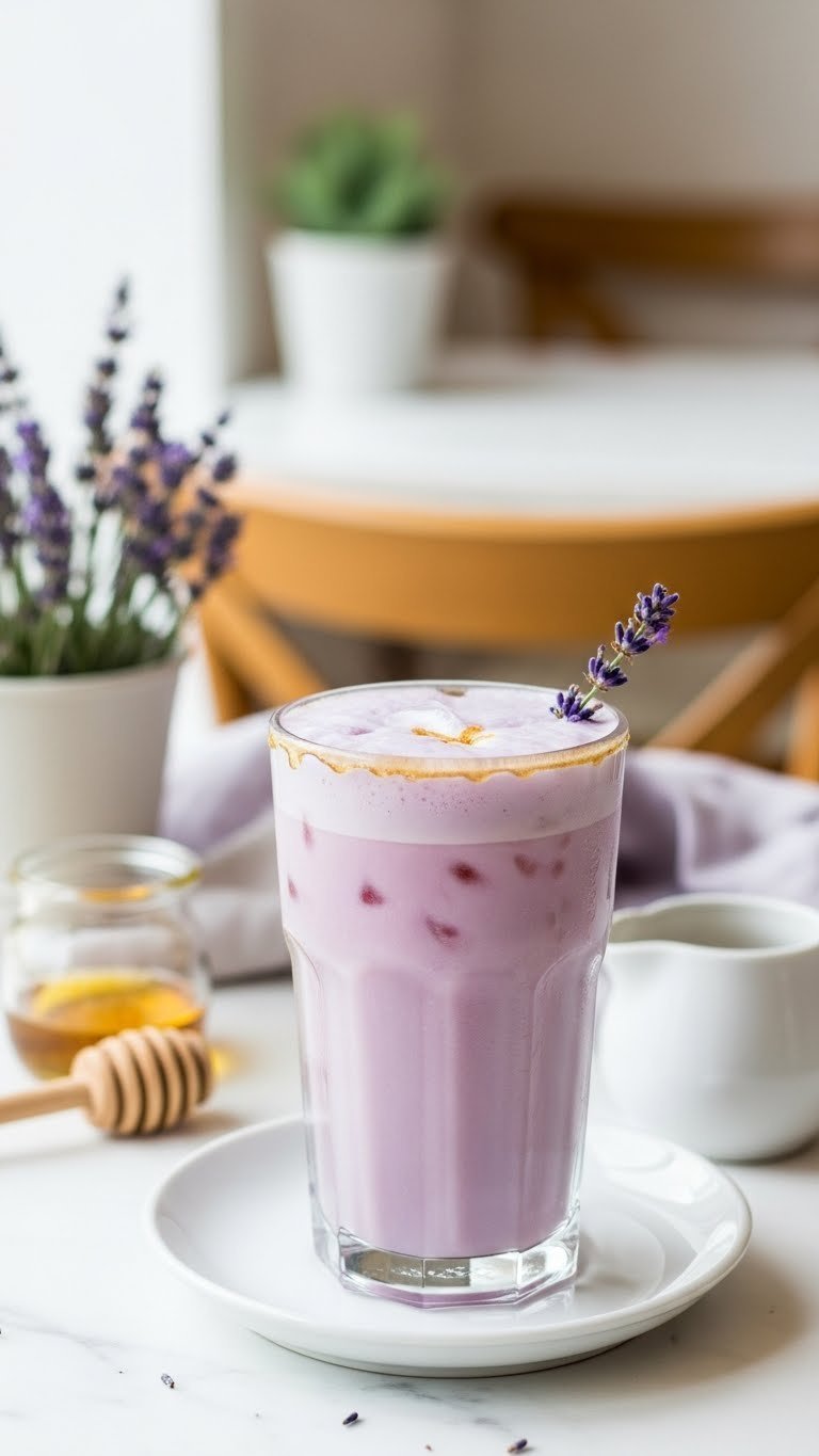 Master 7 Iced Coffee Flavors at Home: Barista Secrets 11 Elegant honey lavender iced coffee with foamed milk and lavender sprig in tall glass on white marble surface