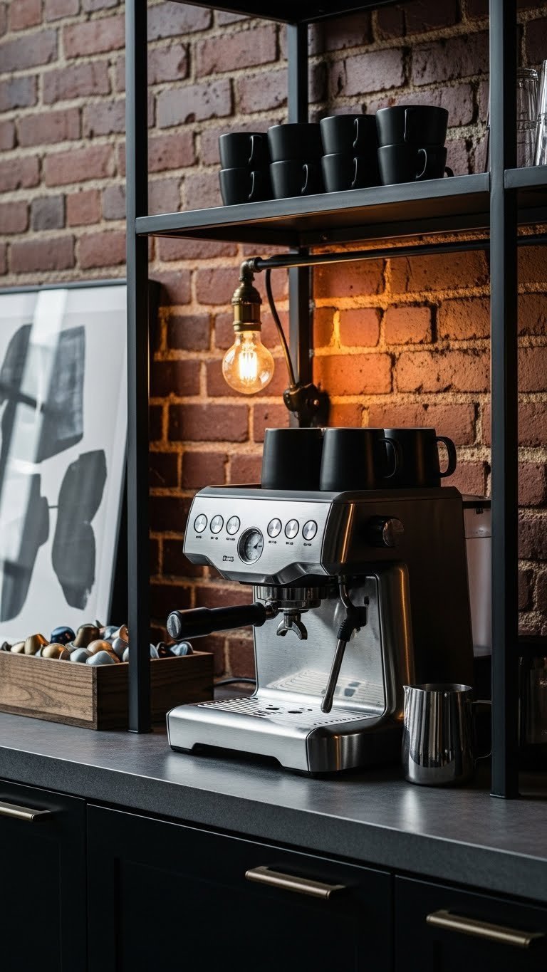 Elegant industrial coffee station with dark metal shelving, commercial espresso machine, and exposed Edison bulb lighting