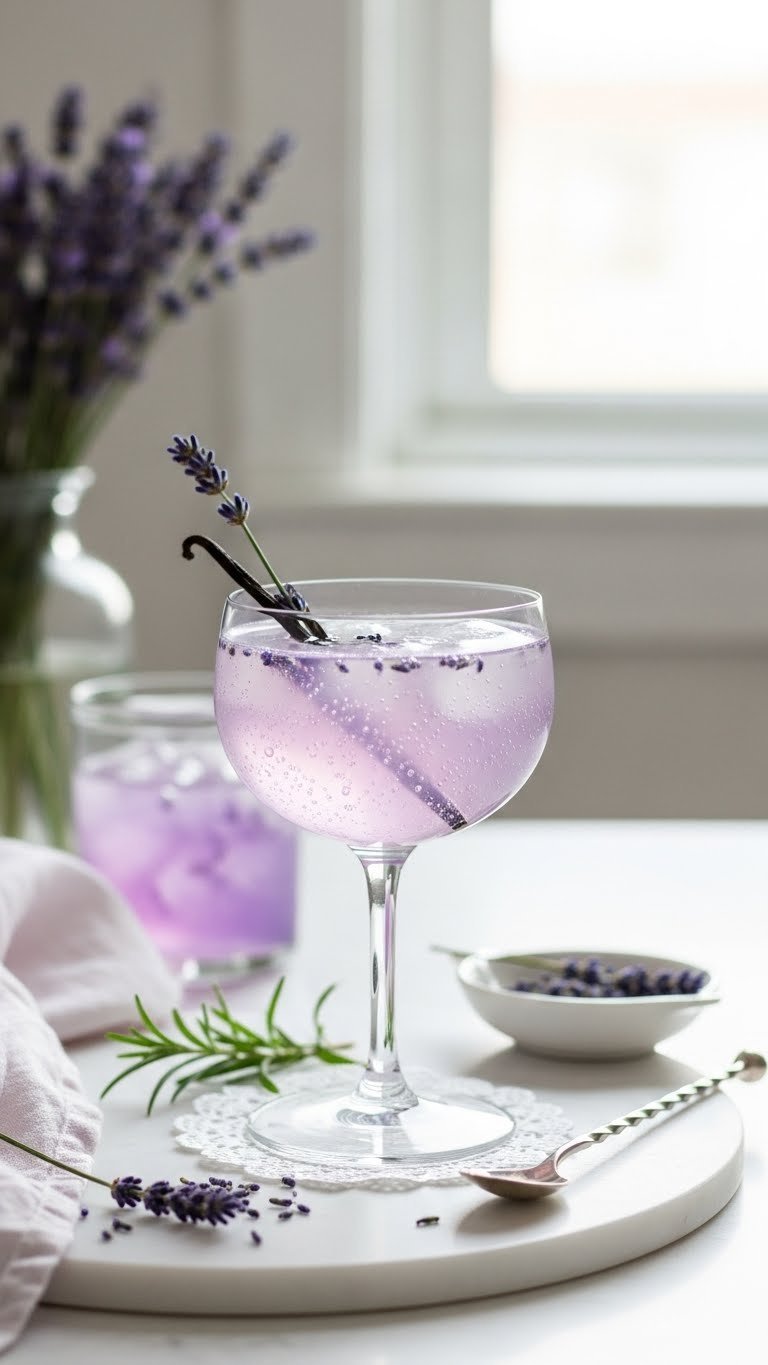 Elegant lavender vanilla bean Italian soda in stemmed glass with lavender sprig, vanilla bean pod, and sparkling bubbles on white marble surface