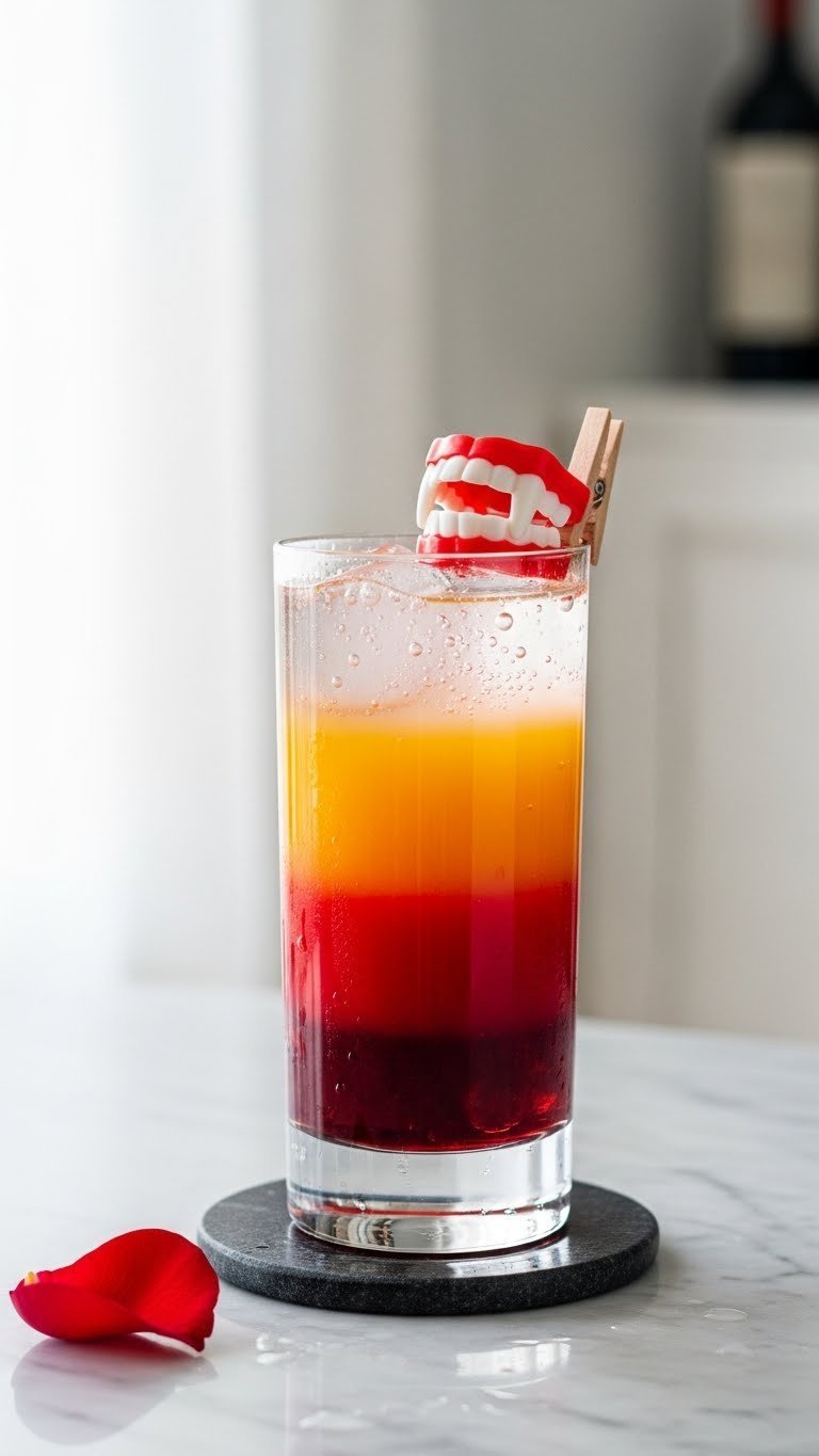 Elegant layered Vampire Kiss mocktail with deep red cranberry juice, bright orange middle layer, and clear sparkling top