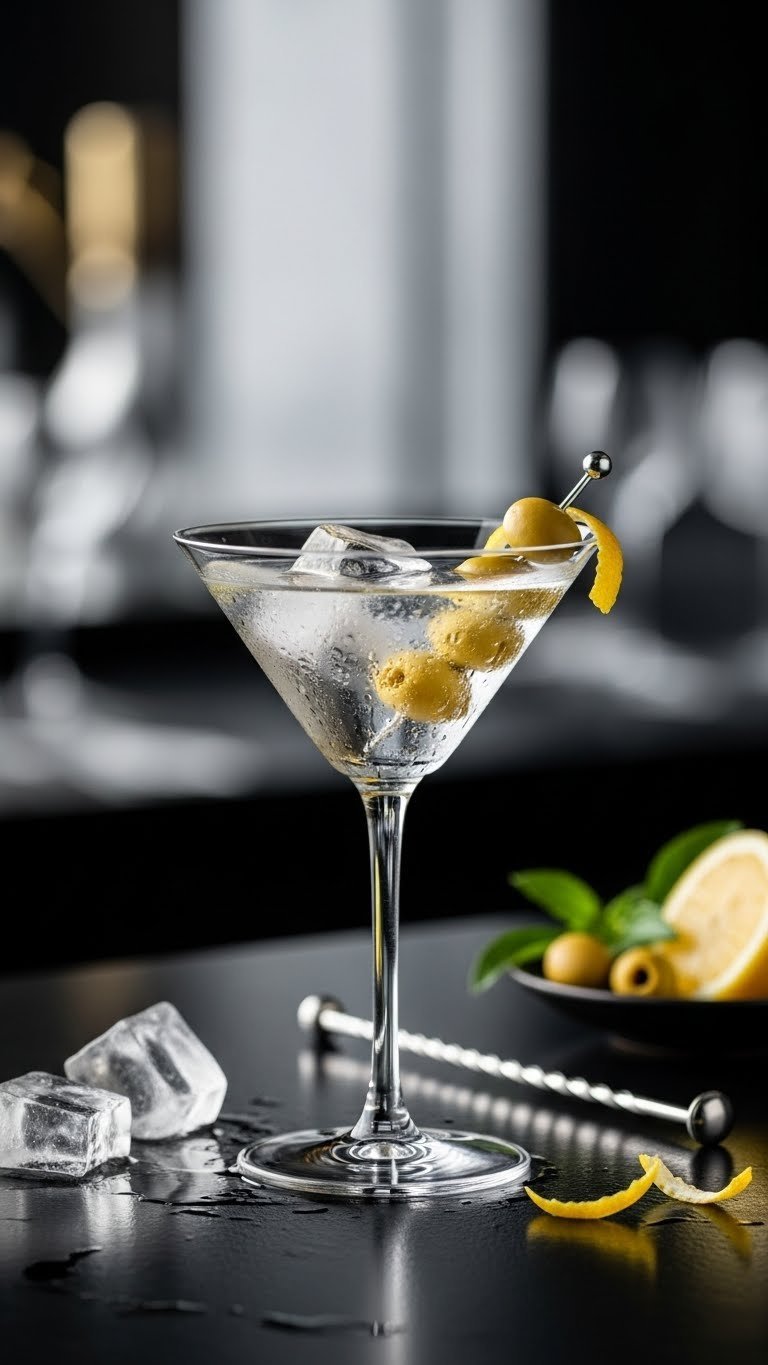 Elegant martini glass with crystal-clear dry martini garnished with green olive on dark polished bar top