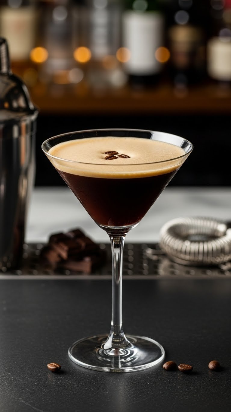 Elegant martini glass with frothy espresso cocktail and floating coffee beans on bar