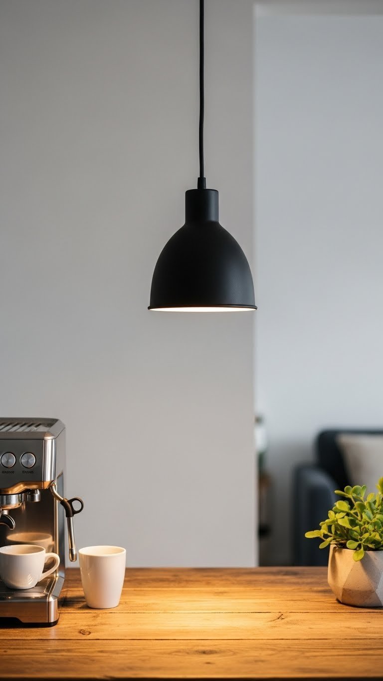 Elegant matte black pendant light hanging over rustic wooden coffee bar with espresso machine and ceramic cup