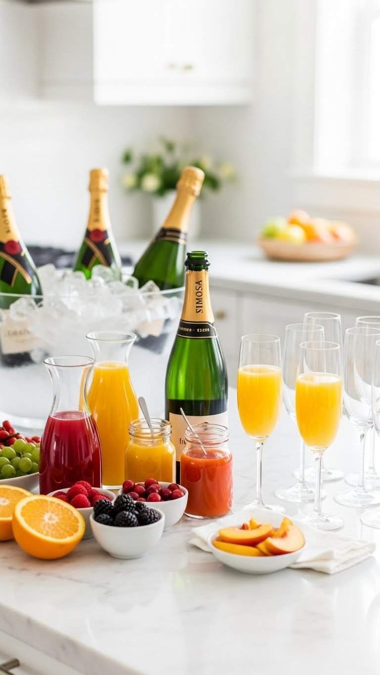 Elegant mimosa bar setup with chilled champagne bottles, fresh fruit juices, and delicate flutes ready for pouring on white marble countertop