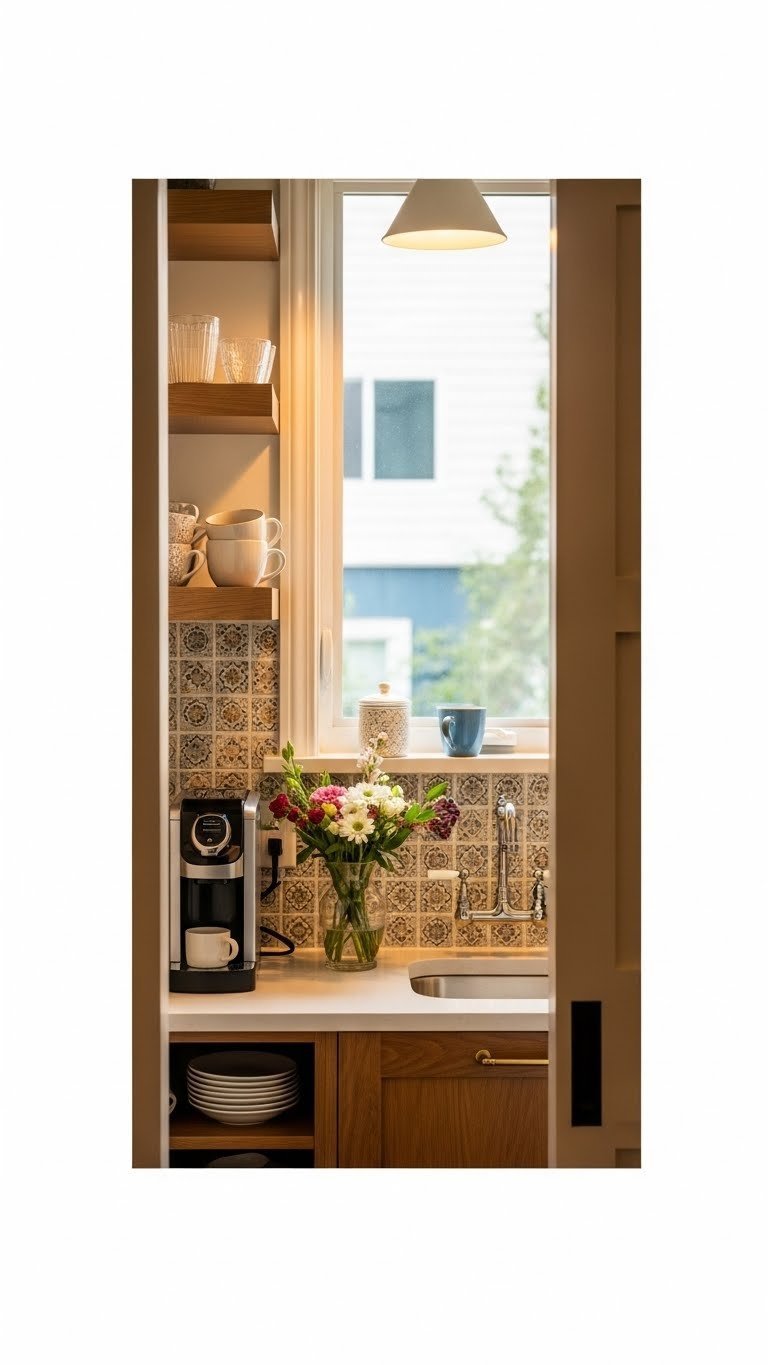 Elegant mini built-in coffee nook with vintage faucet, tile backsplash, and compact coffee maker in cozy kitchen corner