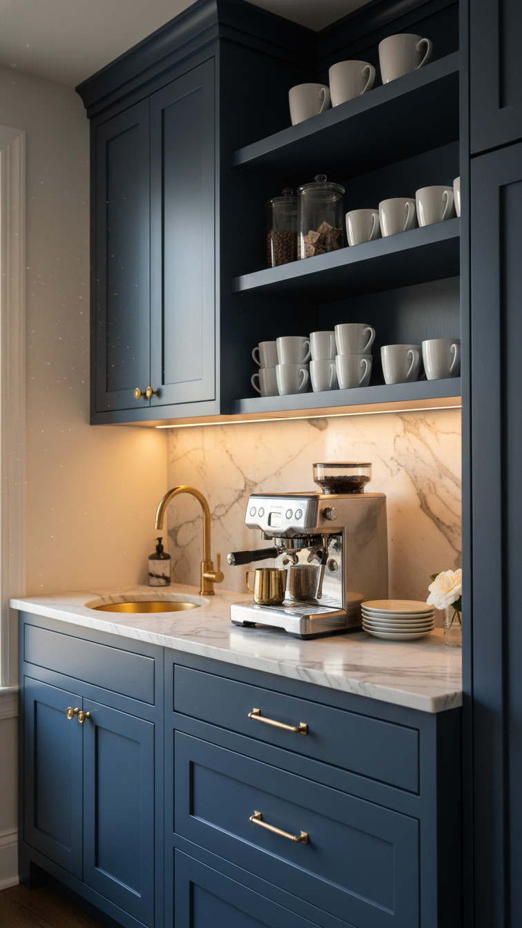 Elegant navy blue built-in coffee bar with brass sink and white marble countertop featuring espresso machine and ceramic mugs