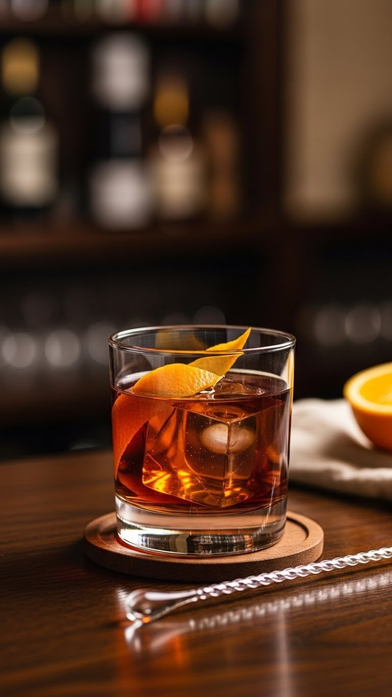 Elegant non-alcoholic bourbon and coke in tumbler with large ice cube and orange twist