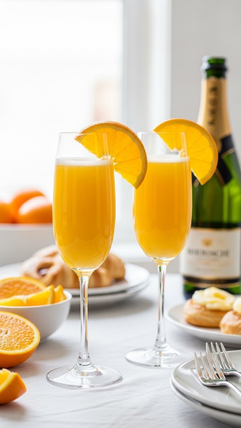 Elegant orange mimosa in champagne flutes with fresh garnish on white linen tablecloth at brunch