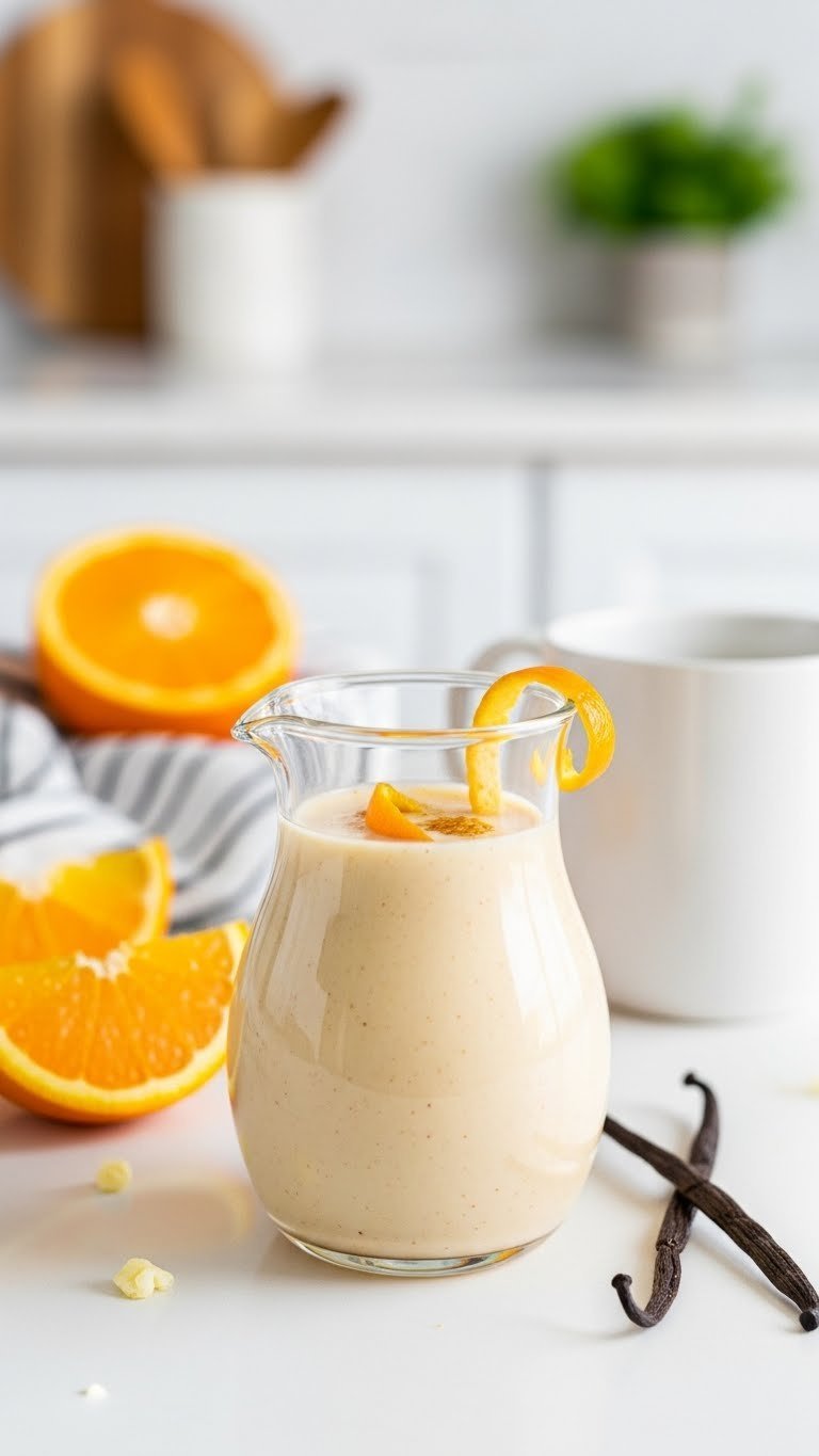 Elegant orange vanilla bean coffee creamer in glass pitcher with orange peel twist garnish