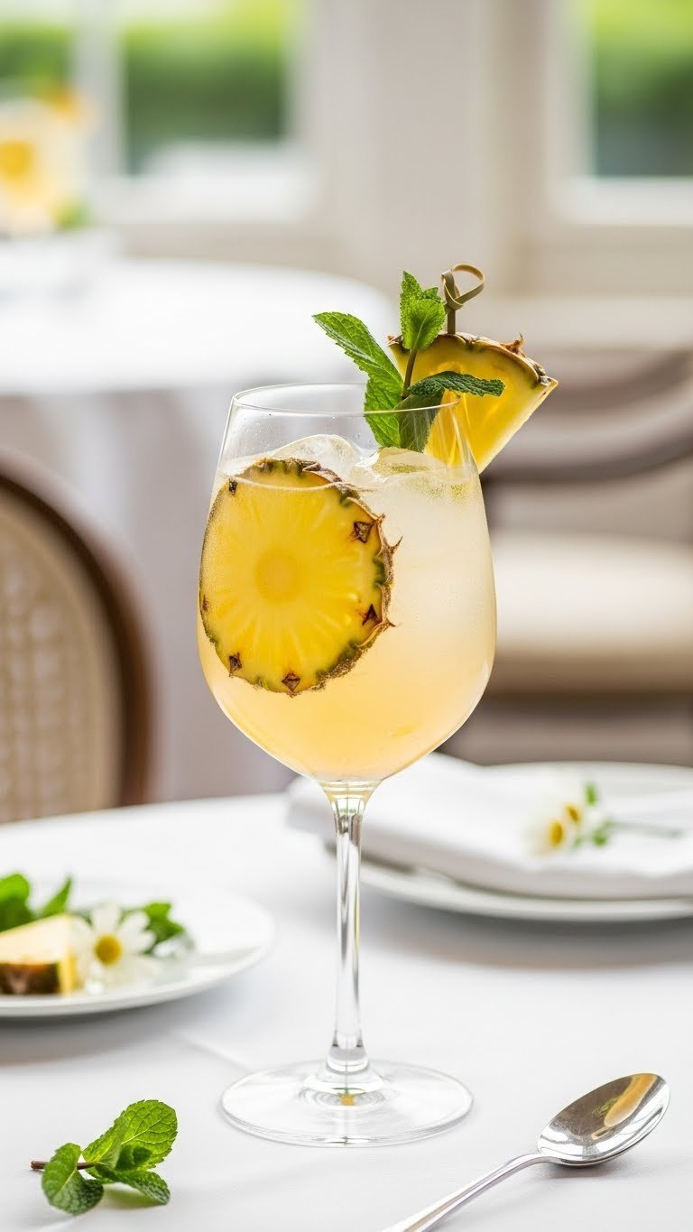 Elegant pale golden pineapple mint spritzer in stemmed glass with pineapple slice and mint sprig on white tablecloth