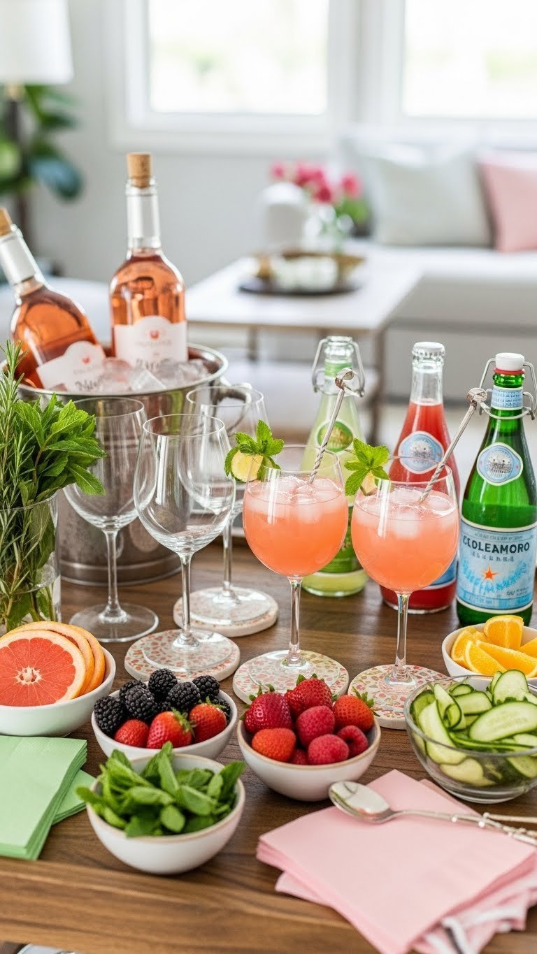 Elegant rosé spritzer bar setup with bottles of chilled wine, sparkling waters, and fresh fruit garnishes on rustic wooden bar cart.