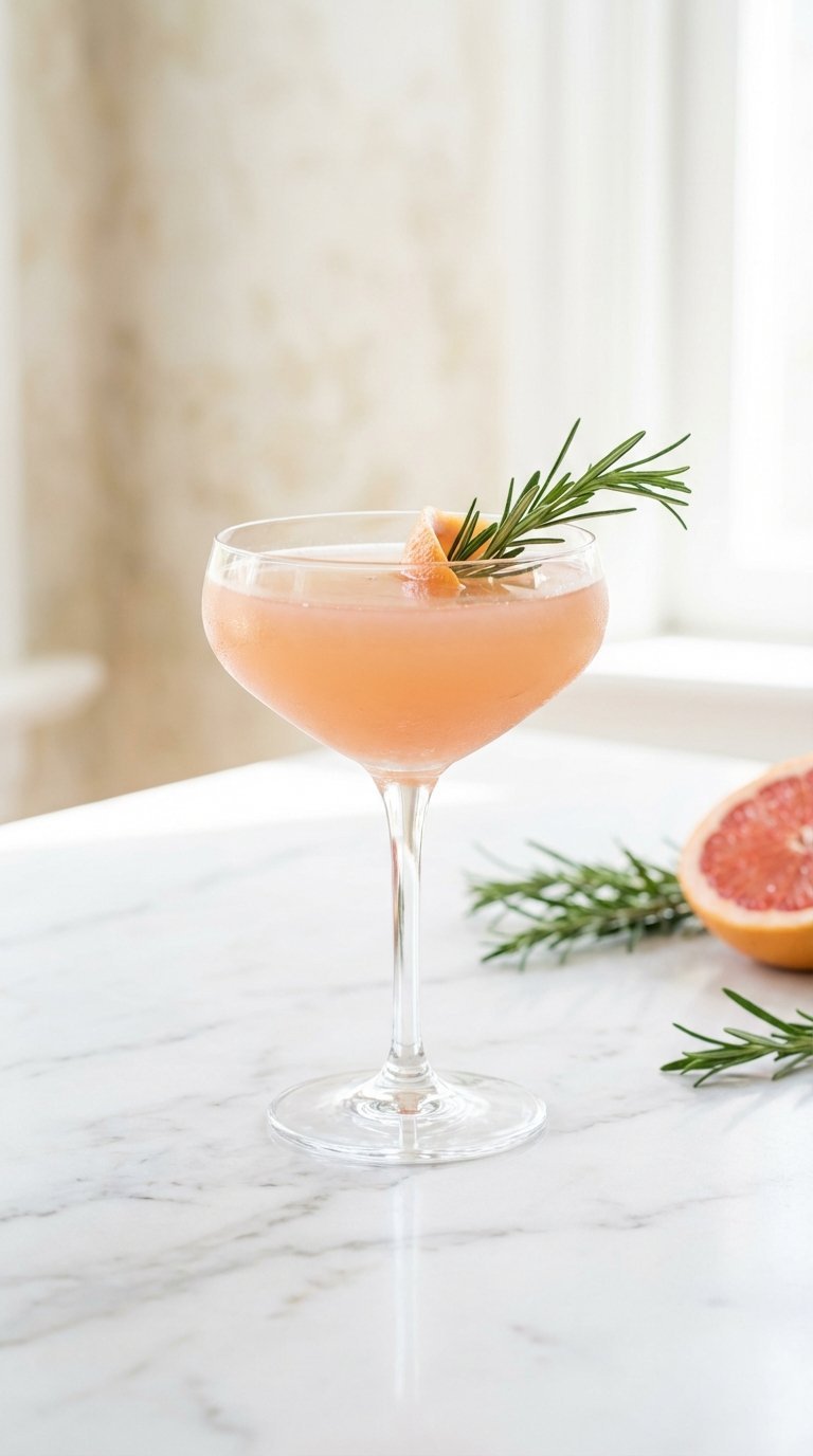 Ultimate BBQ Drink Ideas: 9 Proven Non-Alcoholic Recipes 5 Elegant rosemary grapefruit mocktail in coupe glass with fresh herb garnish on marble surface