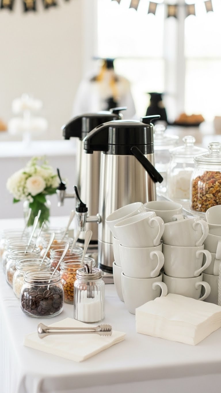 Elegant self-serve coffee station at graduation party with thermal carafes, white ceramic mugs, and glass jars of toppings on white linen tablecloth