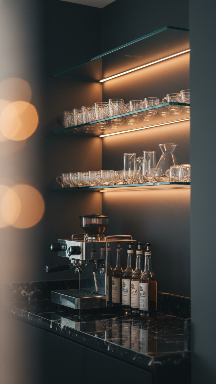 Elegant sophisticated coffee bar with glass floating shelves illuminated by warm LED lighting