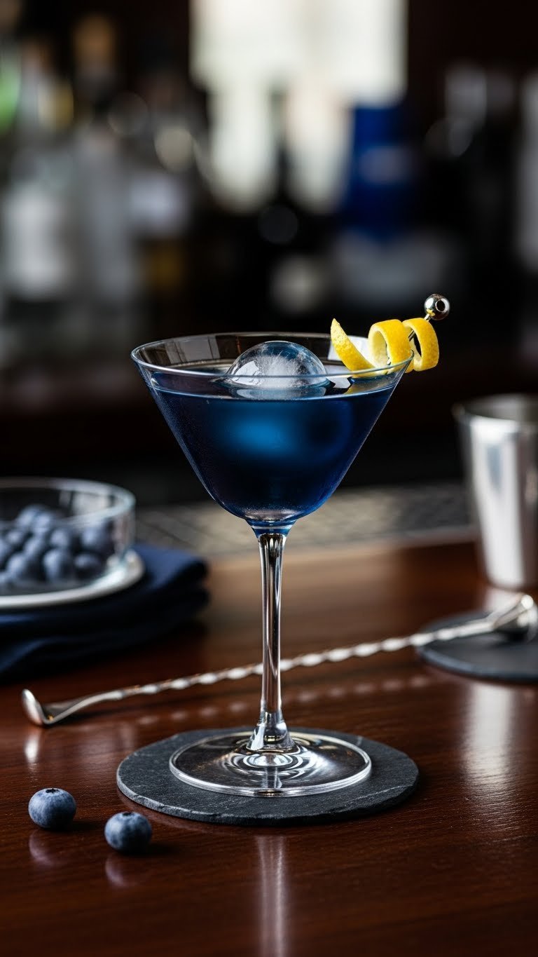 Elegant sparkling deep sea spritzer in coupe glass with lemon peel garnish and ice sphere on dark polished wood bar top.