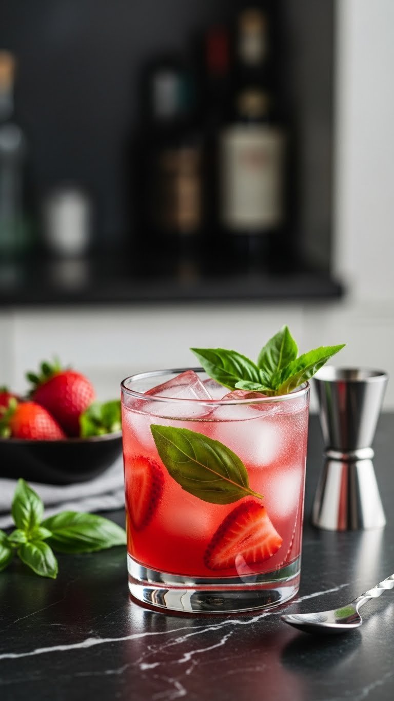Elegant strawberry basil smash cocktail with muddled strawberries in rocks glass on dark marble
