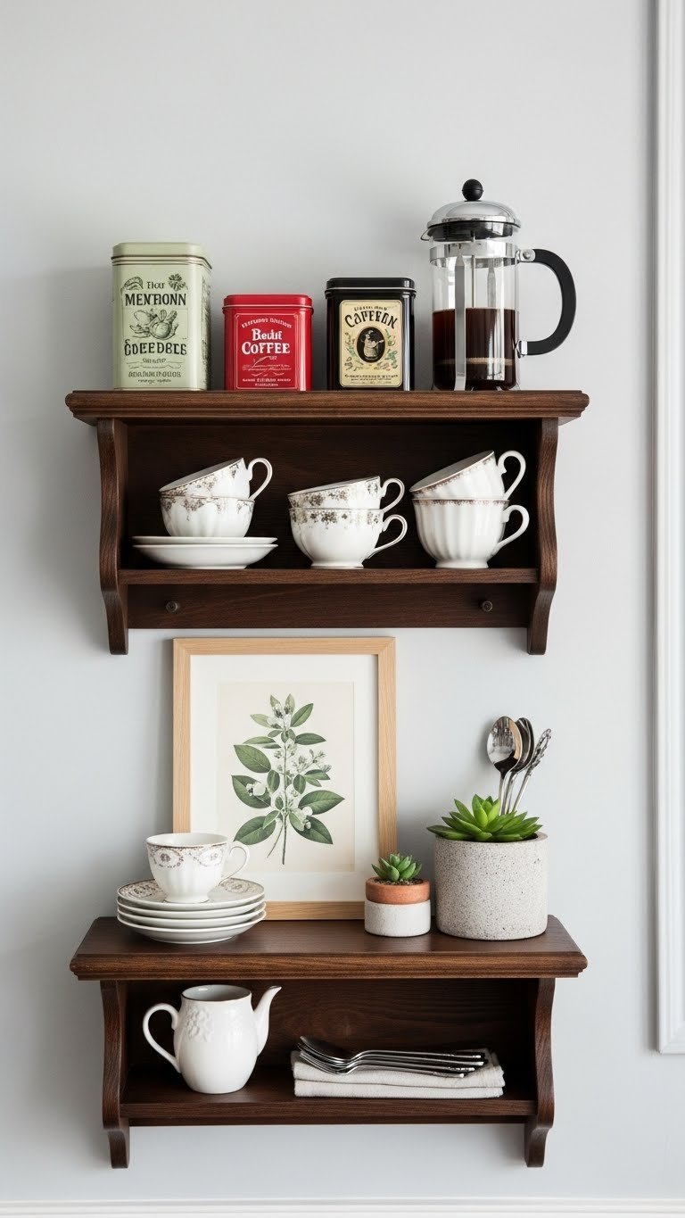 Elegant wall-mounted dark wood shelves displaying Victorian coffee station with porcelain cups and French press on light wall