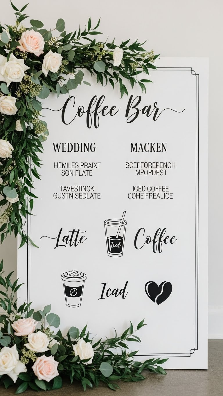 Elegant wedding coffee menu sign with latte and coffee bean icons displayed against floral arrangement