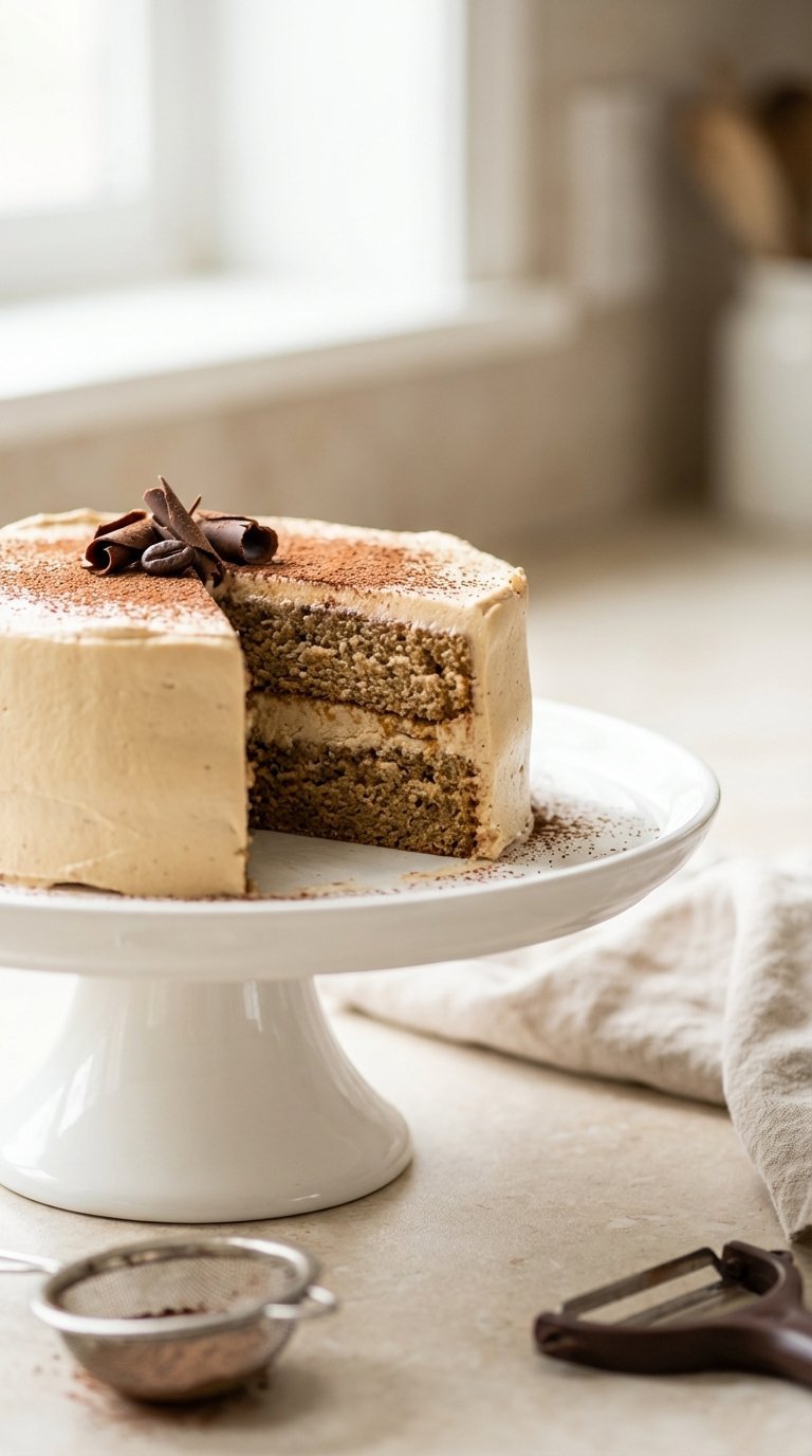 Elegantly decorated coffee flavored cake with smooth buttercream and chocolate shavings on white cake stand